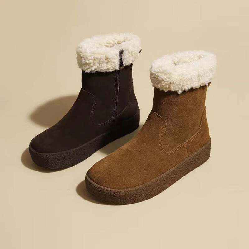 磨砂真皮厚底雪地靴女2025秋冬新款加绒保暖加厚博肯短靴毛毛棉鞋