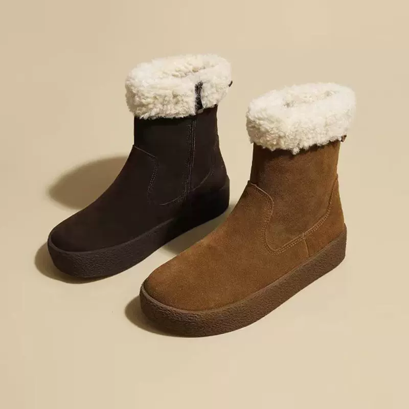 磨砂真皮厚底雪地靴女2025秋冬新款加绒保暖加厚博肯短靴毛毛棉鞋