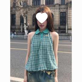 韩系挂脖式上衣纽扣拼接夏季多巴胺穿搭蓝绿格纹娃娃无袖上衣背心