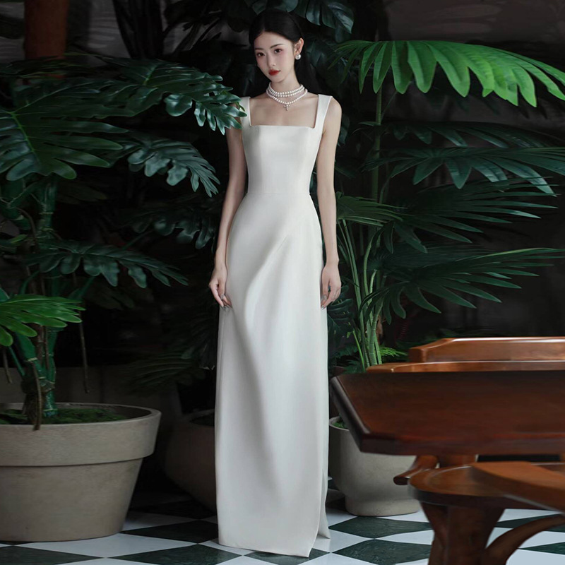 Satin Wedding Dress with Straps, Light Luxury and Simple Elegance, Long White Dress for Marriage Registration, Light Wedding Dress for Travel Photography Satin Wedding Dress with Straps, Light Luxury and Simple Elegance, Long White Dress for Marriage Registration, Light Wedding Dress for Travel Photography