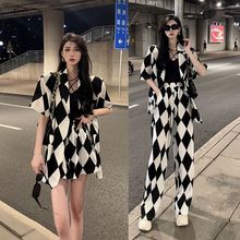 韩版休闲百搭黑白格西装夏季薄款显瘦菱形格西服衬衫阔腿裤套装女