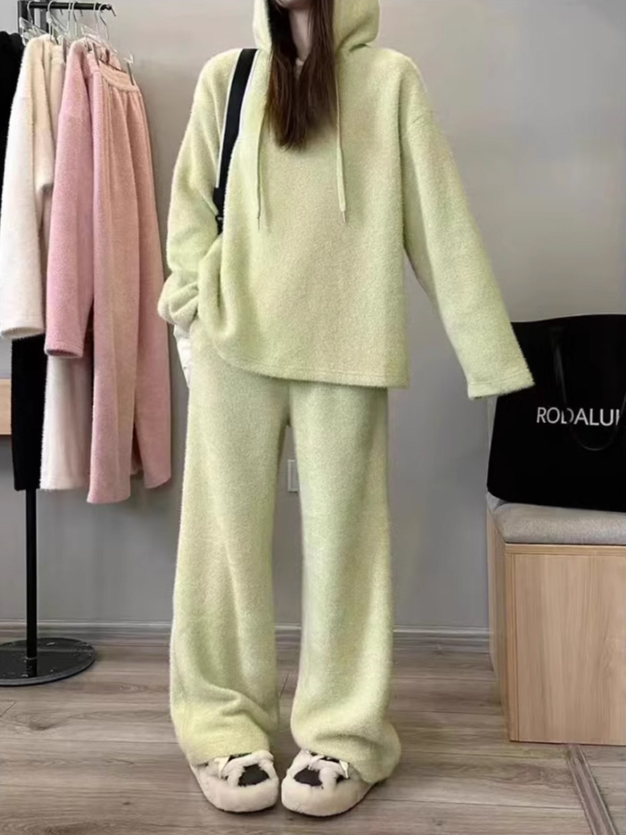 2025 Spring and Autumn Lazy Style Solid Color Loose Slim Soft Waxy Stuffed Hooded Top High Waist Casual Pants Two-Piece Set for Women
