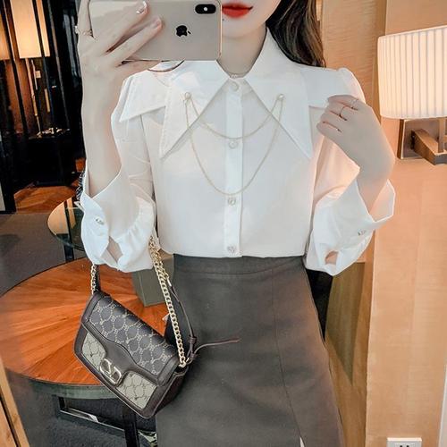 Light Mature Style Shirt for Women, Designer-Designed Niche 2024 Spring New Arrival, Loose-Fitting, Elegant Doll-Style Top with Pointed Collar and Puff Sleeves