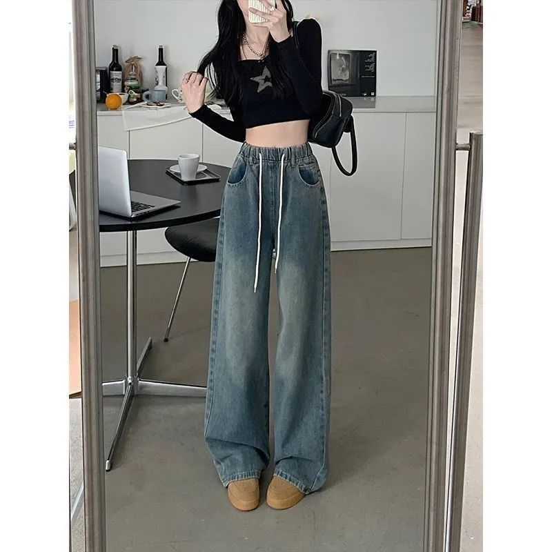 松紧抽绳宽松阔腿牛仔裤女秋季2025新款百搭休闲高腰显瘦拖地长裤|undefined