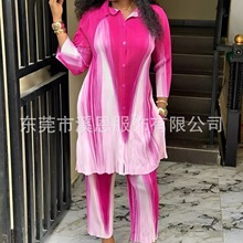 Miyaki三宅褶皱时尚条纹撞色开衫上衣裤腿直通裤女装两件套装Dres