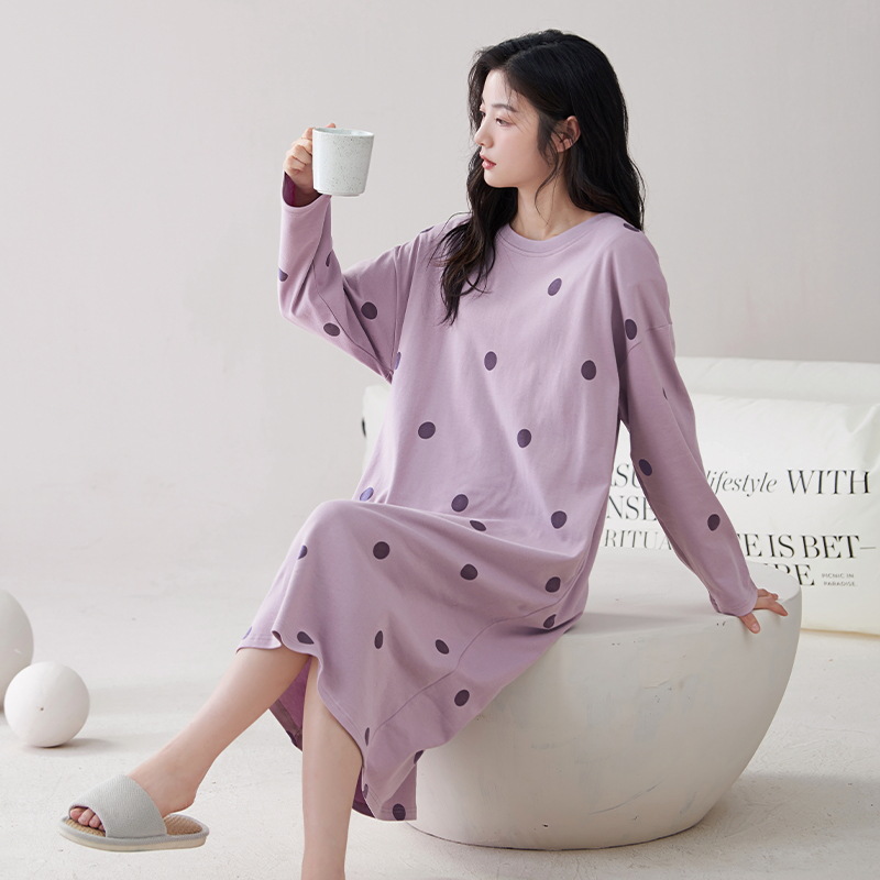 [Customized] pijama con cojín de pecho de primavera y otoño de algodón vestido de mangas largas de fresas dulce vestido de algodón vestido para el hogar