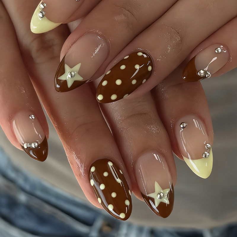 Cross-Border Best-Selling Nail Art: Simple Brown and Yellow French Style with 3D Silver Beads Design, Yellow Polka Dots, Almond-Shaped Press-On Nails