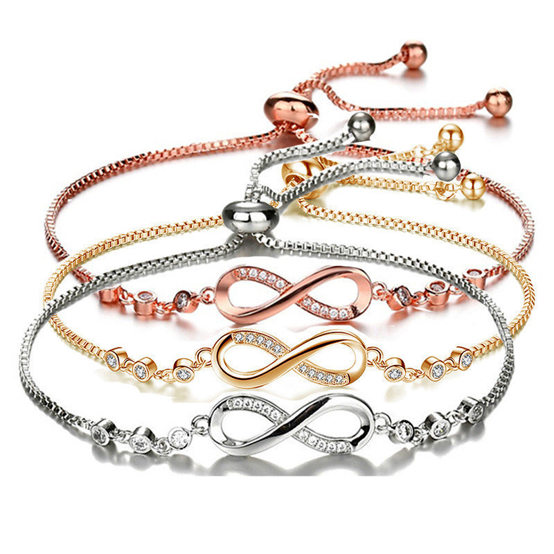 European and American Cross-Border Geometric Infinite Cycle 8-Character Bracelet for Women, Simple and Fashionable Crystal Adjustable Pull-Out Bracelet Bracelet