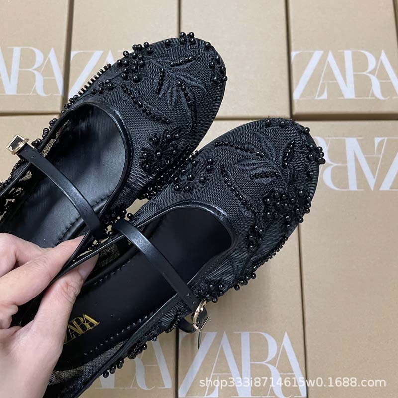 女性用刺繍パールメッシュバレエシューズ、中空メッシュブラックラウンドトゥフラットソールワンラインバックルメリージェーンシューズ|undefined