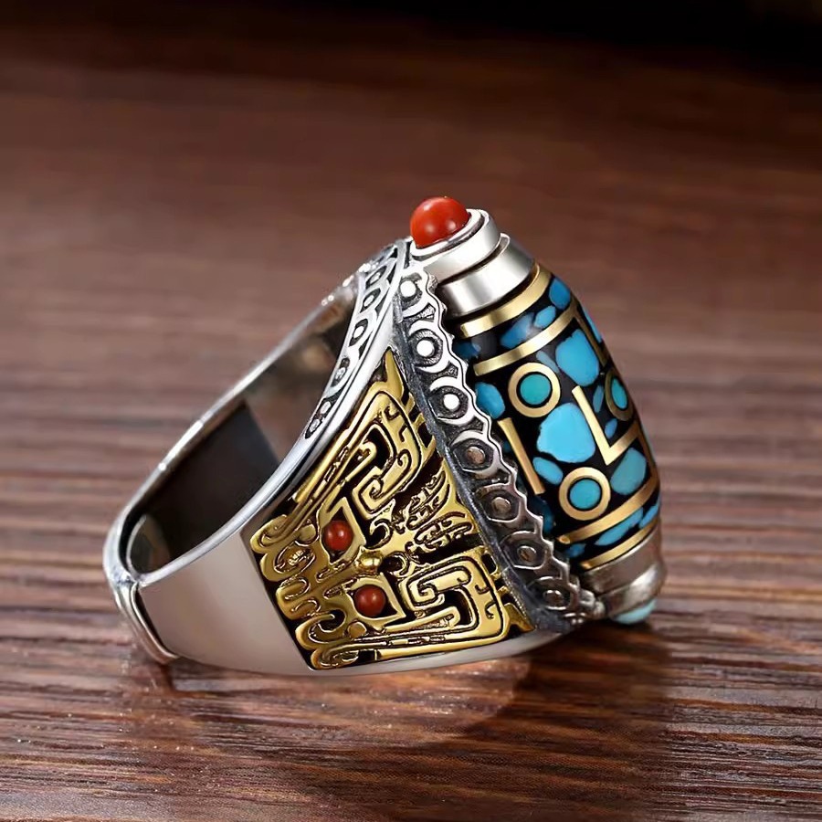 Teri High-grade Nine-eye Bead Ring Men's Trendy Ins Sterling Silver Woven Vintage Personalized Open Couple's Ring