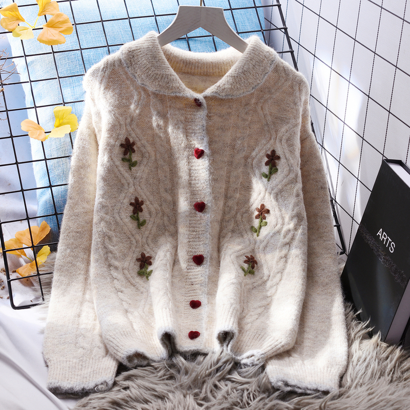 25 Autumn and Winter Embroidered Polo Collar Short Lazy Style Sweater Cardigan Women's Loose Autum New Japanese Style Style Knitted Jacket with Buttons