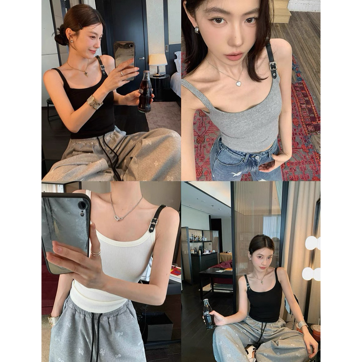 小眾設計拼接皮袢修身顯瘦吊帶夏季新款辣妹百搭帶胸墊短款美背女