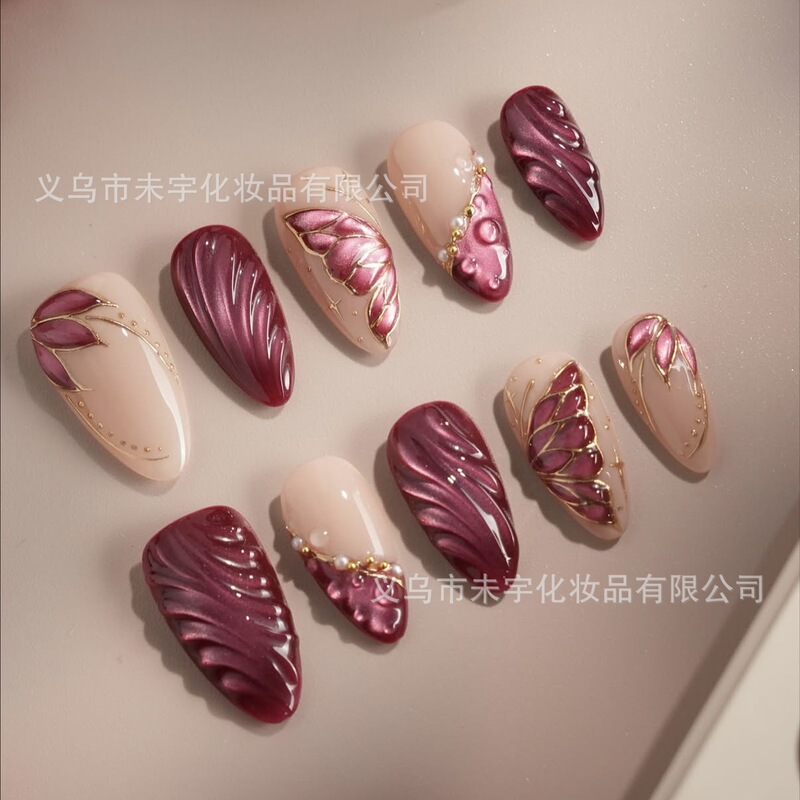 Short Almond Glue Wine Red Flower Gilt Wearable Nail Cat Eye Butterfly Nail Patch New Chinese New Year