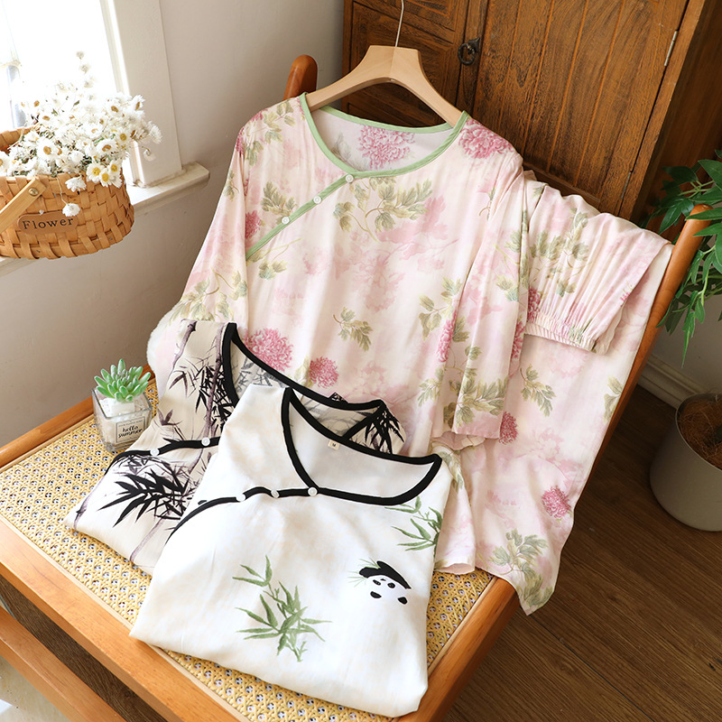 Pajamas for Women with Breast Pads, Spring and Summer Thin Rayon Chinese Style Antique Round Neck Loose Home Clothes Set That Can Be Worn Outside in Autumn