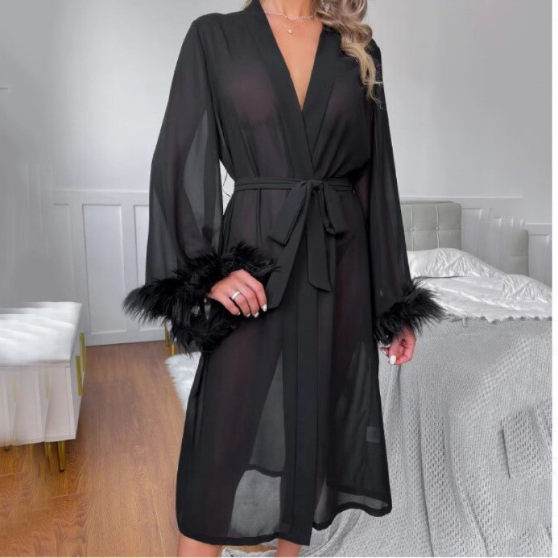 European and American Summer New Style Imitation Silk Feather Long Long-Sleeved Pajamas and Nightgowns Comfortable Straps for Women's Home