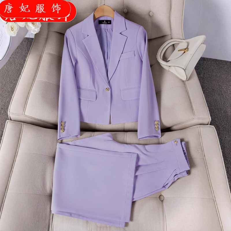 Purple Short Long-sleeved Small Suit Collar Jacket Women's Pants Professional Casual Elegant Fashion Two-piece Suit Elegant Trendy Purple Short Long-sleeved Small Suit Collar Jacket Women's Pants Professional Casual Elegant Fashion Two-piece Suit Elegant Trendy