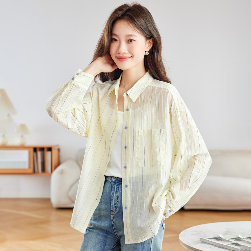 Cotton Tencel Striped Shirt for Women, Summer Lightweight Elegant Commuter Versatile Long Sleeve Shirt with Turn-Down Collar and Raglan Style Cotton Tencel Striped Shirt for Women, Summer Lightweight Elegant Commuter Versatile Long Sleeve Shirt with Turn-Down Collar and Raglan Style