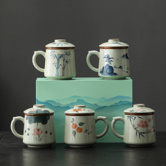 兄窯手描きマグカップ陶磁器カップ茶水分離カップ個人専用事務カップ高級カッププレゼント