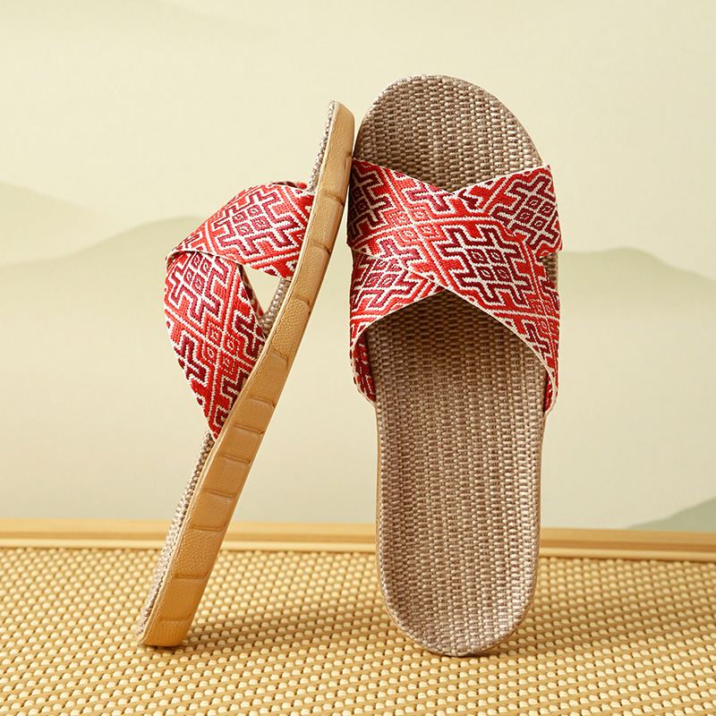 Zapatillas de lino de cuatro estaciones, venta al por mayor para el hogar, zapatillas de algodón y lino para interiores desodorantes y antideslizantes para mujeres, sandalias silenciosas para el hogar para mujeres