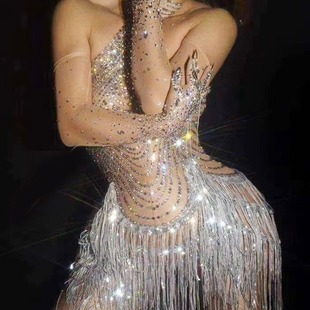 Stock European and American Cross-Border Singer and Dancer Performance Clothing Sexy Mesh Stretch Diamond Sequin Fringed Skirt