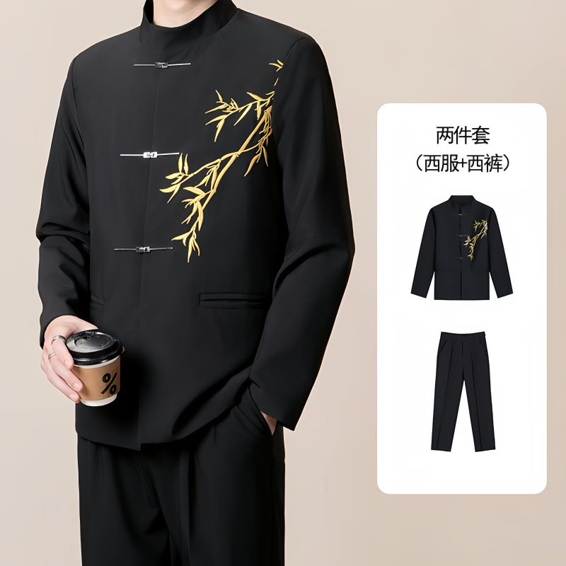 New Chinese Style Men's Engagement Suit, National Style Stand-Up Collar, Gold Bamboo Embroidered Boy's Adult Dress Suit