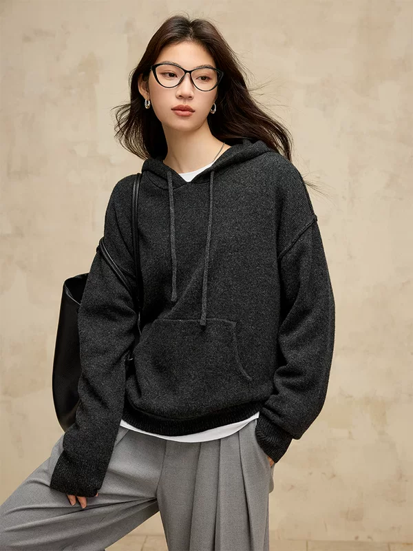 Демисезонная шерстяная худи, вязаный свитер, drawstring, oversize