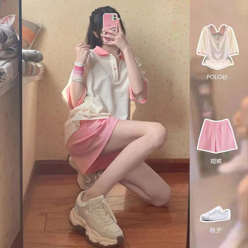 Polo Shirt Women's Design Sense Salt Stitching Academy Style Spice Girl Sports Casual Short-sleeved Top Pink All-match Shorts