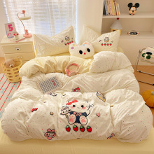 新款A类全棉毛巾绣四件套超柔水洗棉卡通床单被套宿舍三件套床笠