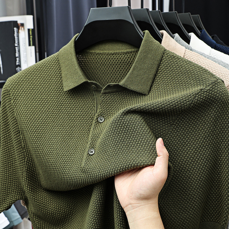 Live Broadcast Popular Pure Cotton Pineapple Pattern Knitted Polo Shirt Short-Sleeved Men's Summer Fashion Accessible Luxury Textured Lapel T-Shirt