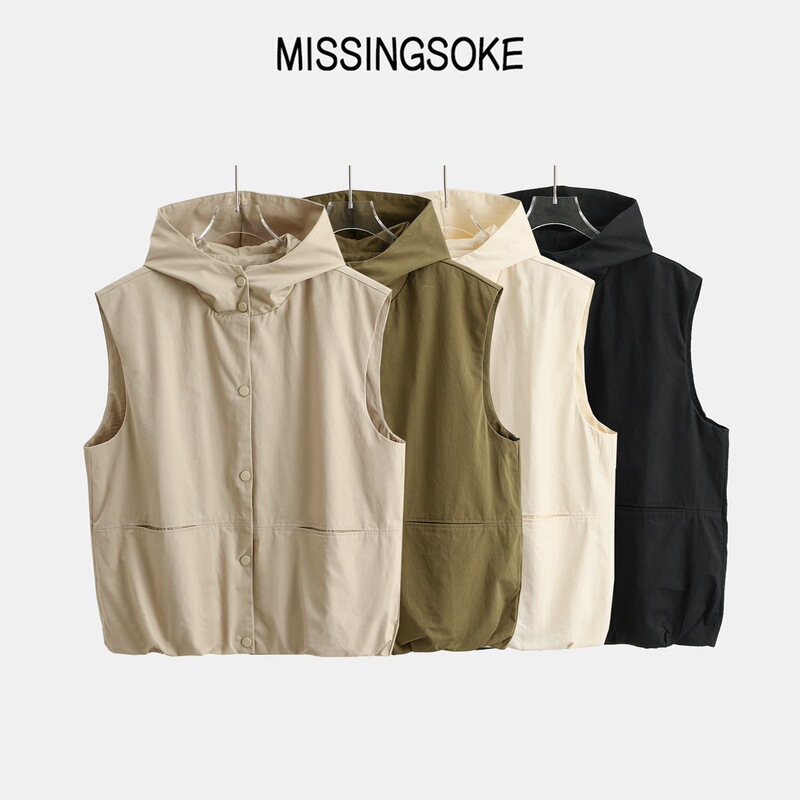 Short Solid Color Zipper Drawstring Hoodie Women's Casual All-match Hooded Vest Jacket Women's Spring and Autumn Work Clothes