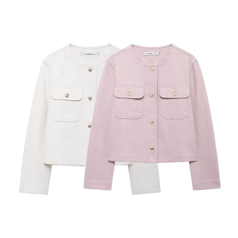 European and American Cross-Border Wholesale 2024 Women's Small Fragrance Round Neck Pocket Decorated Soft Texture Effect Short Jacket