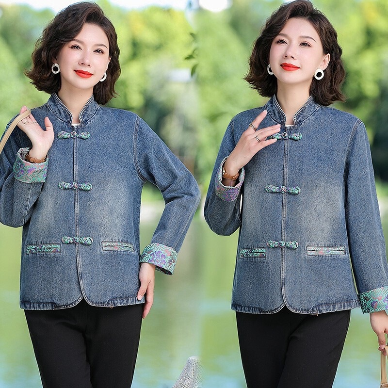 2026 Spring New Denim Jacket for Women, New Ethnic Style Outerwear with Button Detail, Petite Mom's Shirt Top 2026 Spring New Denim Jacket for Women, New Ethnic Style Outerwear with Button Detail, Petite Mom's Shirt Top