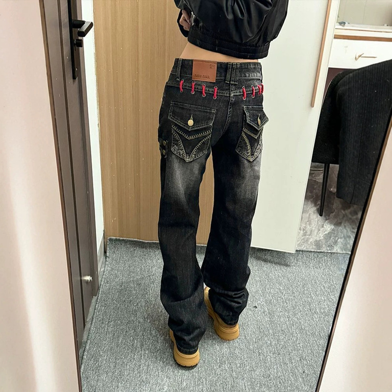 American Hot Girl Subculture Heavy-Duty Denim Pants for Women, Summer Vintage, Unique, Versatile, Distressed Straight-Leg Floor-Length Trendy Pants American Hot Girl Subculture Heavy-Duty Denim Pants for Women, Summer Vintage, Unique, Versatile, Distressed Straight-Leg Floor-Length Trendy Pants