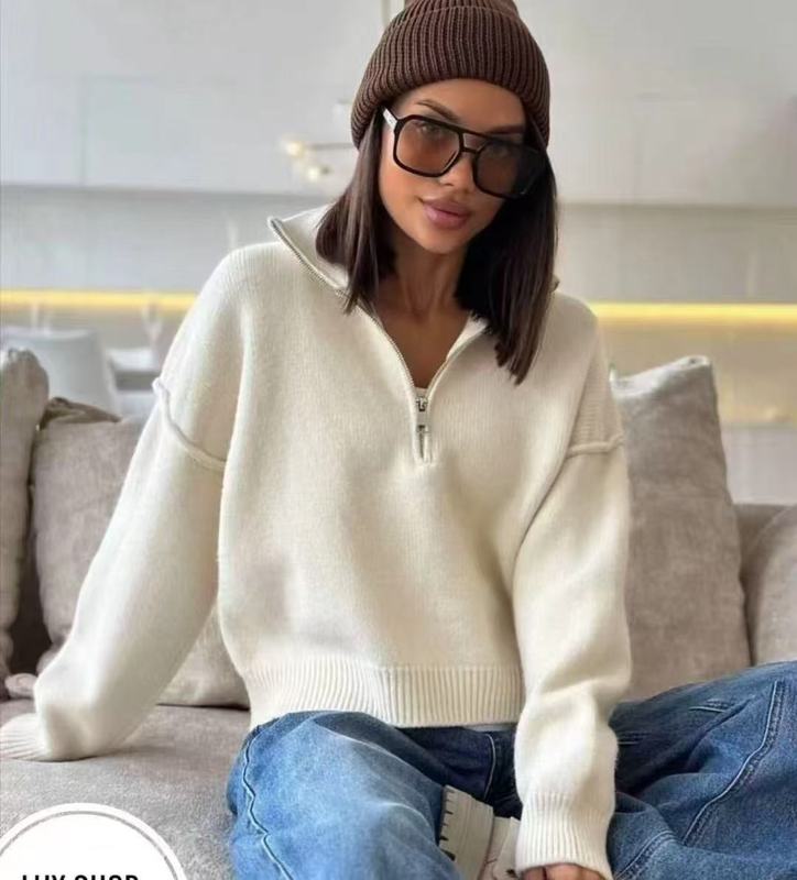 立领拉链套头毛衣女2025秋冬纯色宽松休闲风针织上衣小众设计感|undefined