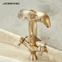 跨境仿古全銅面盆龍頭衛生間浴室櫃檯上臉盆冷熱雙把手水龍頭防濺