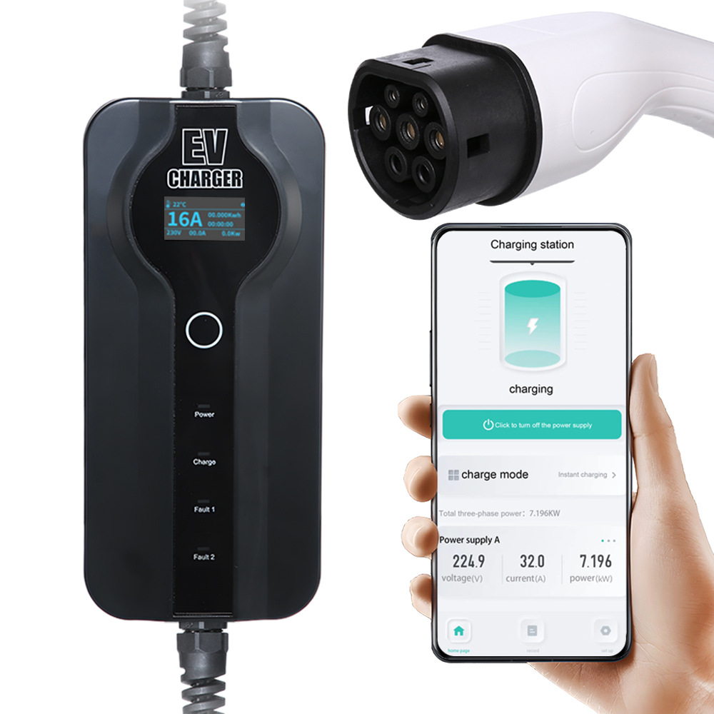 源头厂家APP控制便携式器充电枪32A欧标7kw新能源汽车随车充