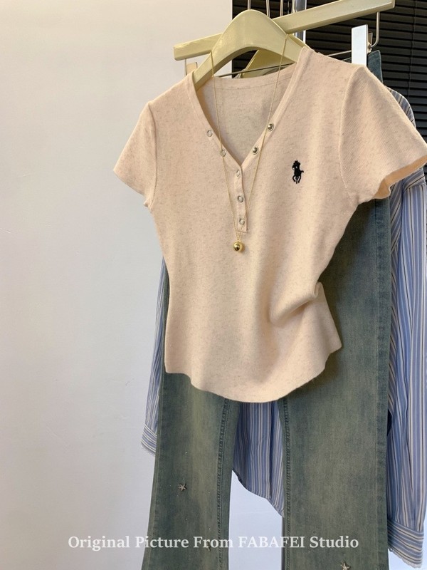 zdm プラスサイズ 150kg 個別におすすめ〜ポニー刺繍半袖 Tシャツレディース夏ボタン V ネックニットトップスイン|undefined