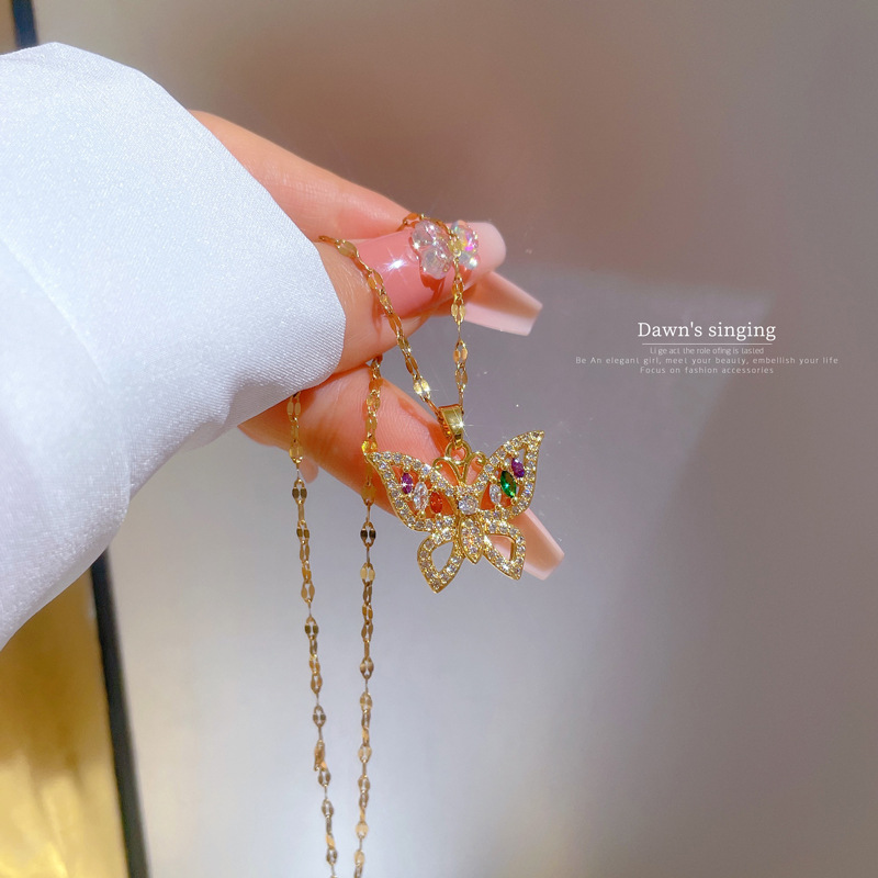 Ethnic Style Butterfly Titanium Steel Copper Inlay Zircon Pendant Necklace 1 Piece