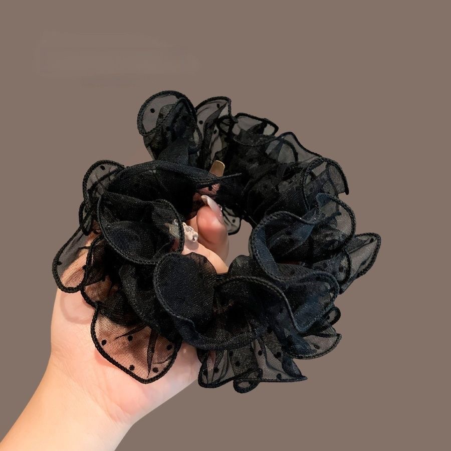 Chouchou élégant en maille à pois de style coréen, bord à volants, orné d'une cordelette fleurie et apportant du volume._voghion.com