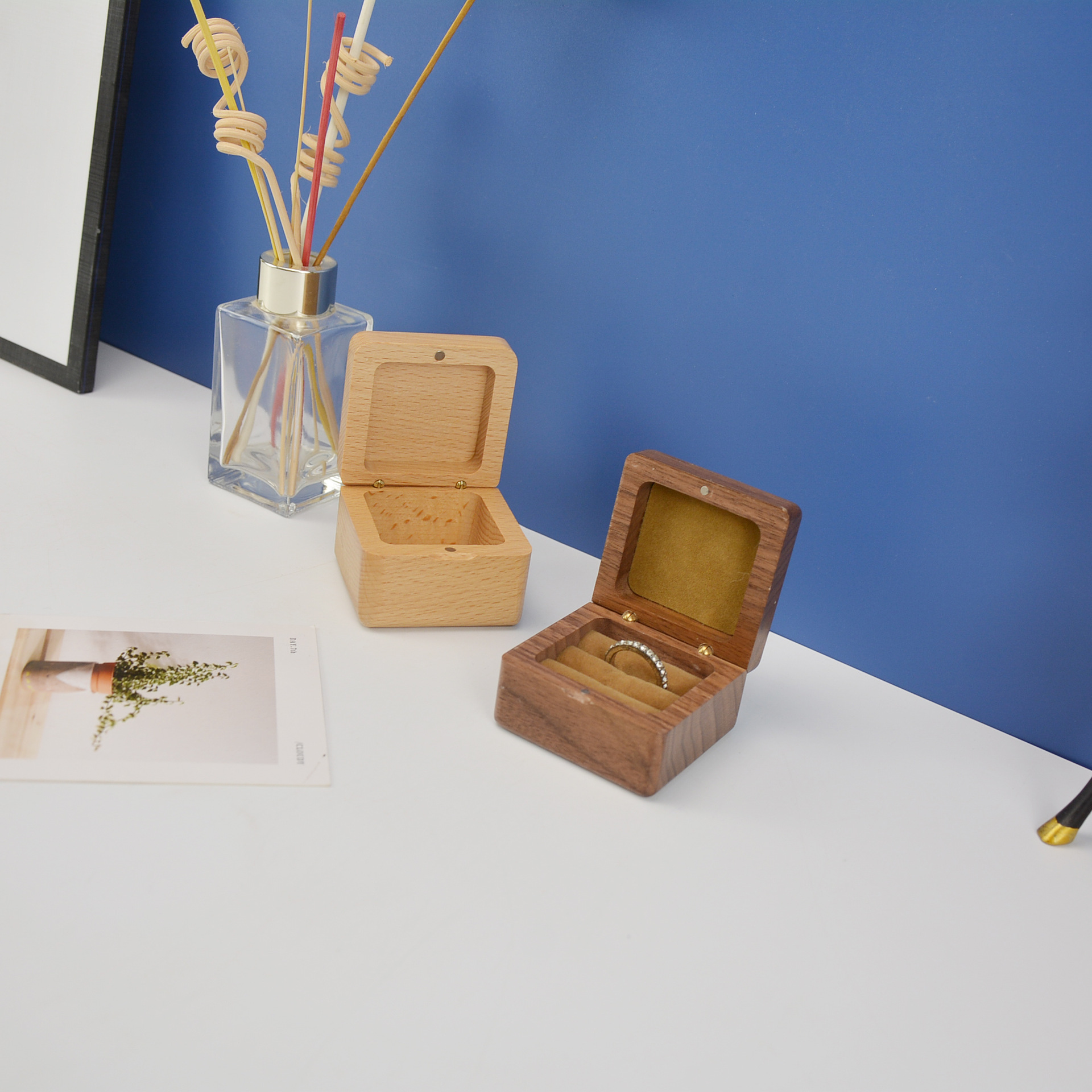 戒指盒黑胡桃木质对戒盒耳钉耳坠收纳盒戒指礼品包装盒首饰盒