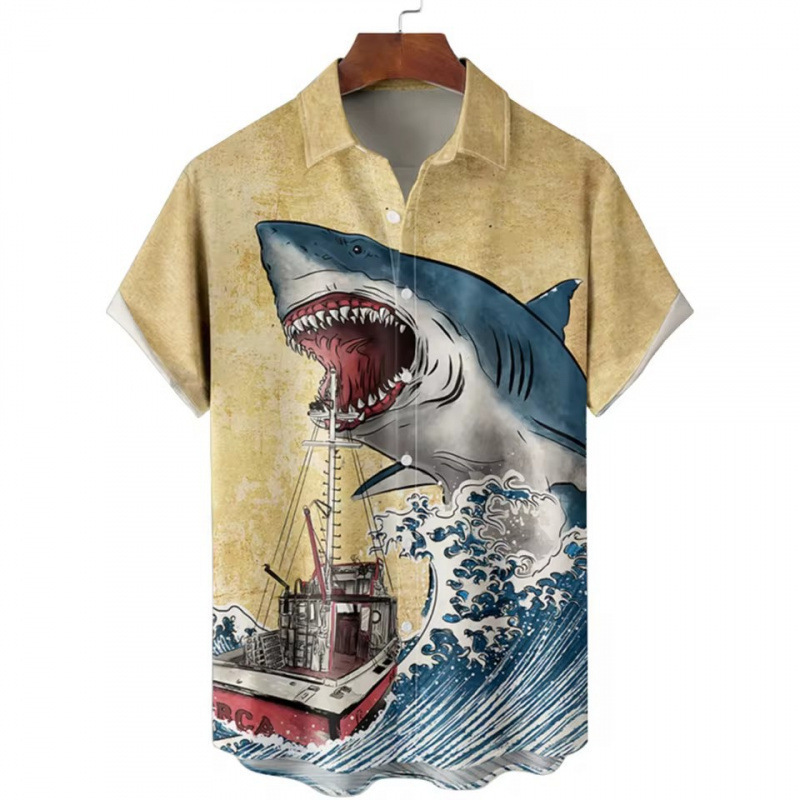 Printed Shark Loose Factory Direct Sales 3D Men's Survival Anime Beach Giant Mouth Fun Vacation Hawaiian Shirt