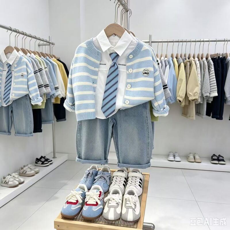 Korean-style striped sweater, shirt, and pants set for boys and girls, 2026 spring/autumn new collection, children's and baby's three-piece outfit