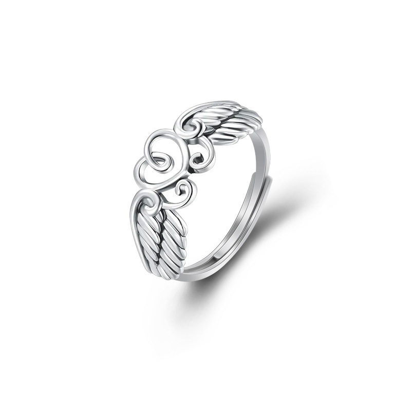 TEMU transfronterizo nuevo anillo de ala de ángel de plata esterlina 925 con forma de corazón abierto para mujeres anillo ajustable joyas retro