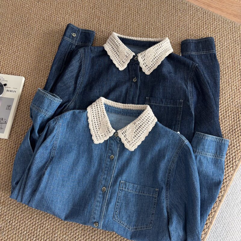 Vintage Patchwork Lace Collar Long Sleeve Denim Shirt for Women, 26 Autumn New Style, Loose Fit, Slimming, Versatile Shirt Jacket Vintage Patchwork Lace Collar Long Sleeve Denim Shirt for Women, 26 Autumn New Style, Loose Fit, Slimming, Versatile Shirt Jacket