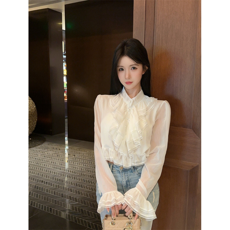 Real Shot and Real Price New Style ~ Elegant Heavy Puff Sleeve Pleated Lace Chic Shirt Top for Women