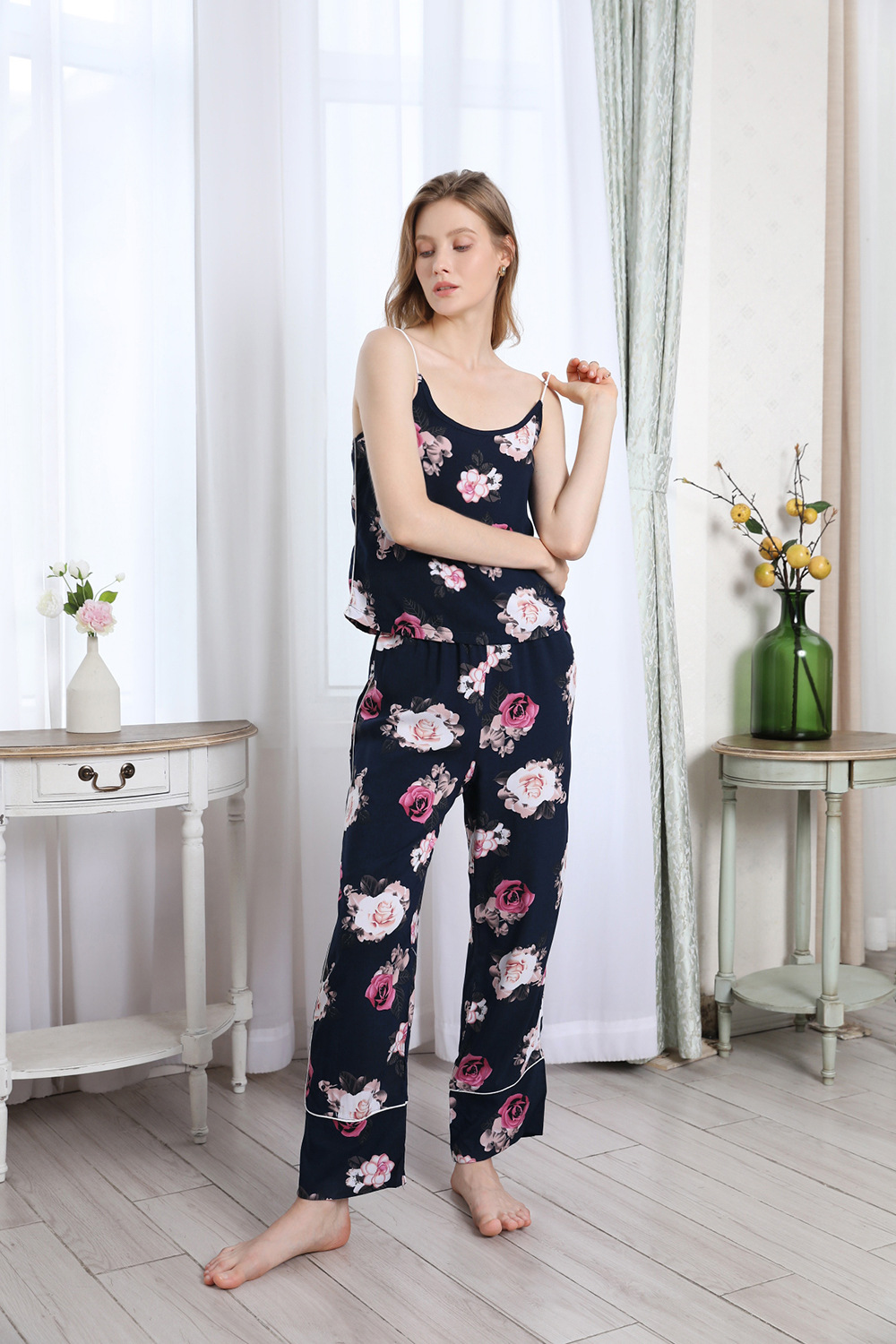 backless sling loose flower print vest trousers Pajamas set NSWFC130773