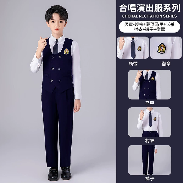 Tie for boys, vest, shirt, trousers, badge