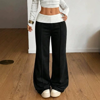 美式翻边撞色直筒裤女2026秋季新款欧美截图风拼接卫裤阔腿裤长裤