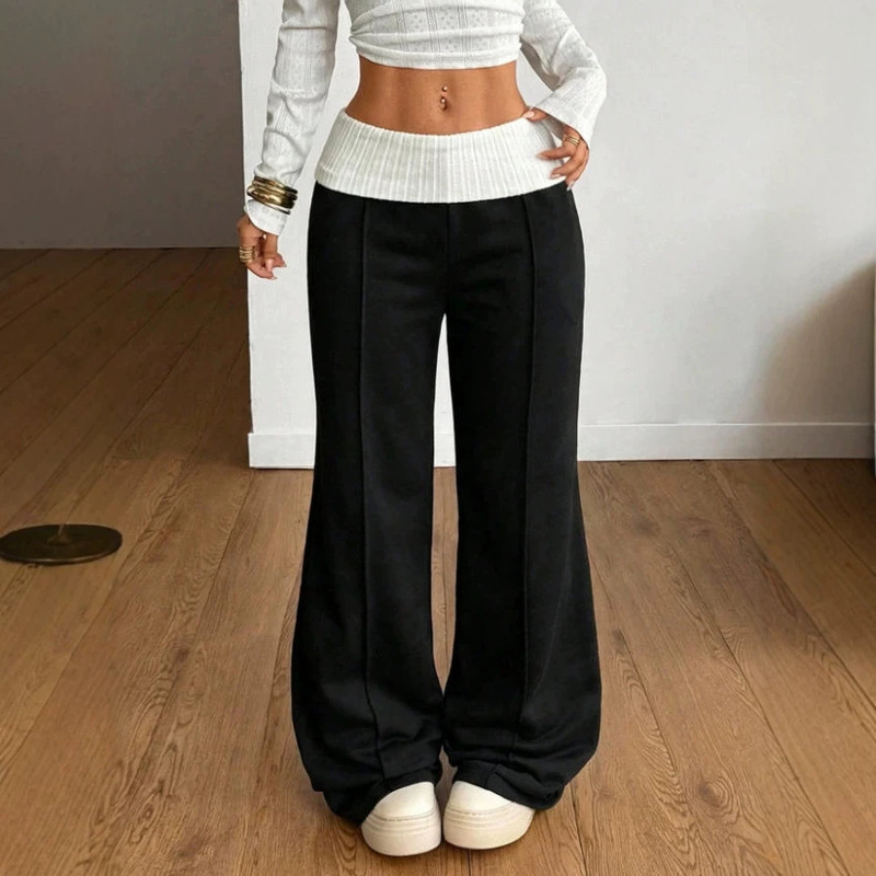 American-style cuffed color-blocked straight-leg pants for women, 2026 autumn new European and American style patchwork sweatpants, wide-leg long pants