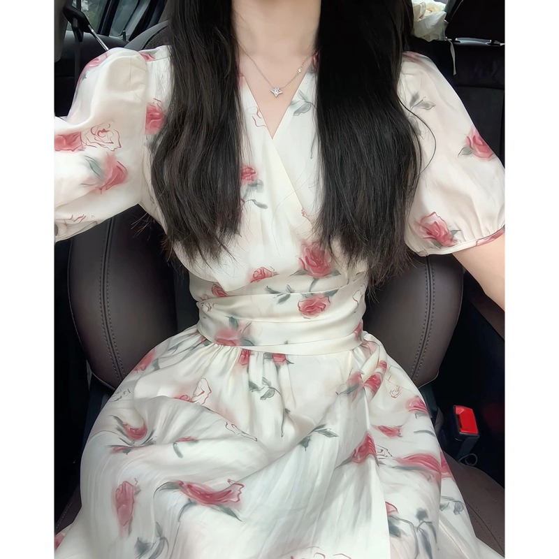 新中式改良旗袍风V领连衣裙女小众收腰显瘦玫瑰设计感气质中长裙